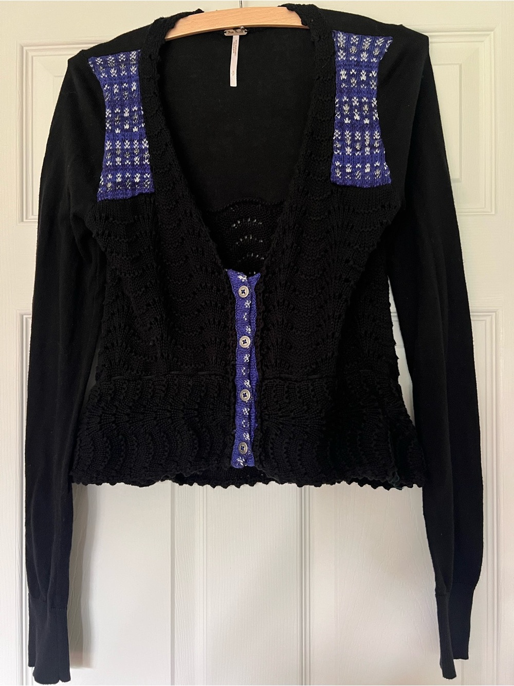 Free People Black Crochet Button-Up Cardigan with  Blue Accent- S